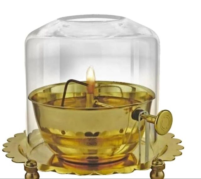 Akhand Jyoti (Diya) Brass with Adjustable Bathi (Wick) & Glass Cover - PREMIUM