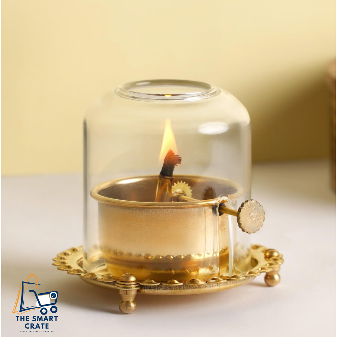 Akhand Jyoti (Diya) Brass with Adjustable Bathi (Wick) & Glass Cover (5 Inch, 250ml, 48-Hour) – Large Puja Deepak for Home, Temple & Gifting - PREMIUM