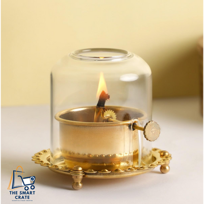 Akhand Jyoti (Diya) Brass with Adjustable Bathi (Wick) & Glass Cover (5 Inch, 250ml, 48-Hour) – Large Puja Deepak for Home, Temple & Gifting - PREMIUM
