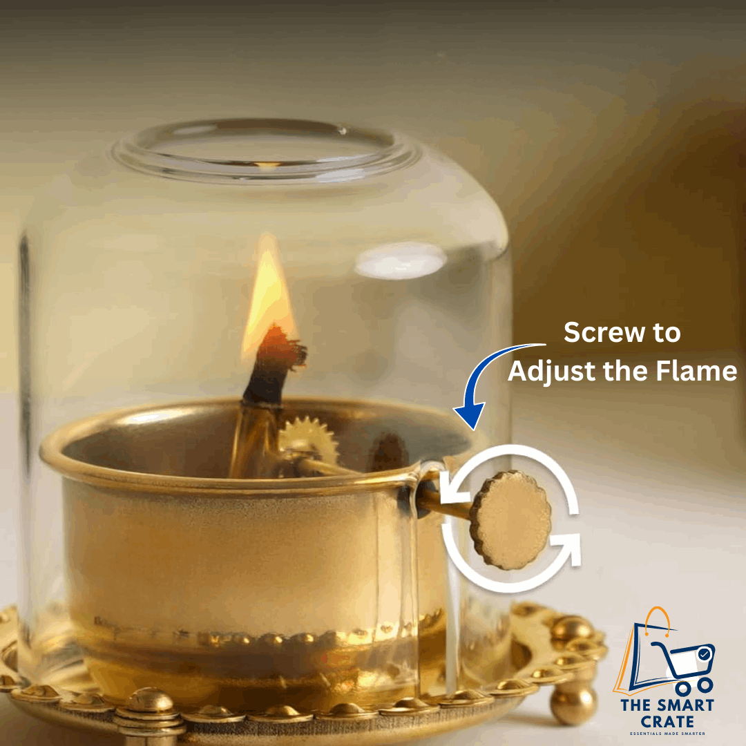 Akhand Jyoti (Diya) Brass with Adjustable Bathi (Wick) & Glass Cover - PREMIUM