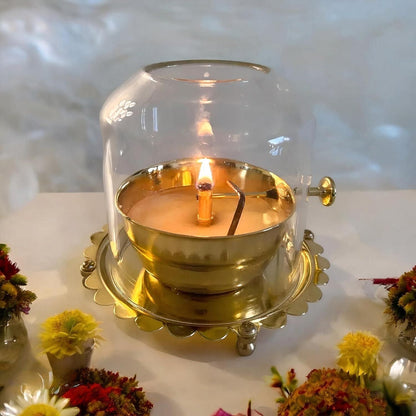 Akhand Jyoti (Diya) Brass with Adjustable Bathi (Wick) & Glass Cover (5 Inch, 250ml, 48-Hour) – Large Puja Deepak for Home, Temple & Gifting - PREMIUM