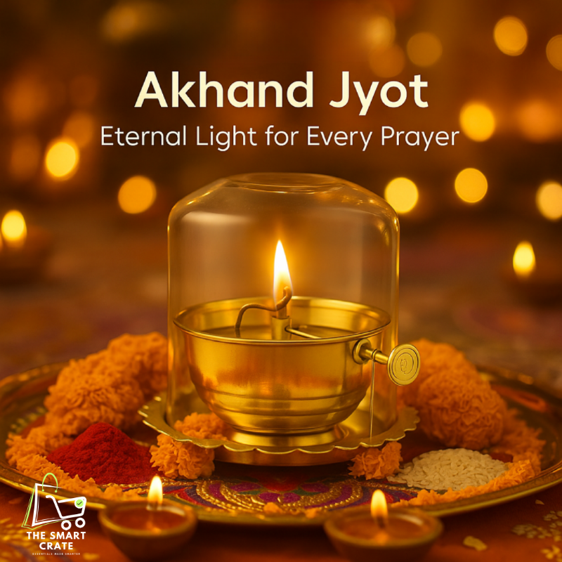 Akhand Jyoti (Diya) Brass with Adjustable Bathi (Wick) & Glass Cover (5 Inch, 250ml, 48-Hour) – Large Puja Deepak for Home, Temple & Gifting - PREMIUM