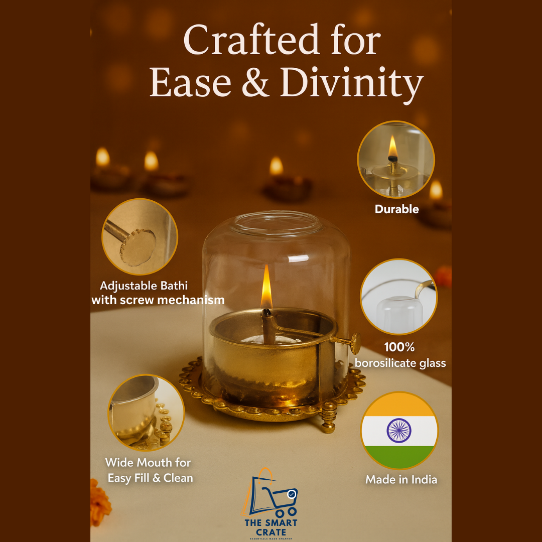 Akhand Jyoti (Diya) Brass with Adjustable Bathi (Wick) & Glass Cover (5 Inch, 250ml, 48-Hour) – Large Puja Deepak for Home, Temple & Gifting - PREMIUM