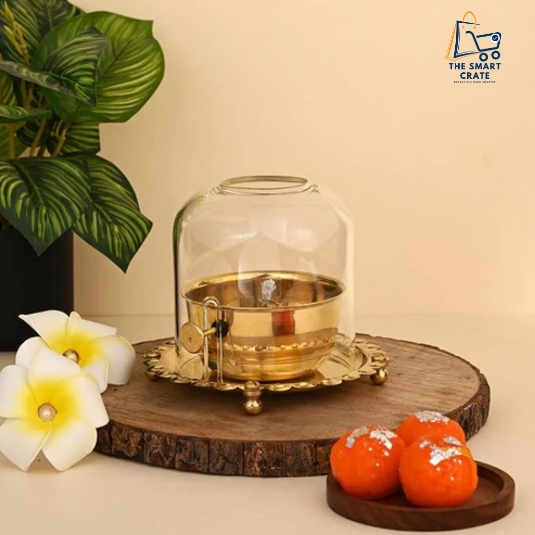 Akhand Jyoti (Diya) Brass with Adjustable Bathi (Wick) & Glass Cover (5 Inch, 250ml, 48-Hour) – Large Puja Deepak for Home, Temple & Gifting - PREMIUM