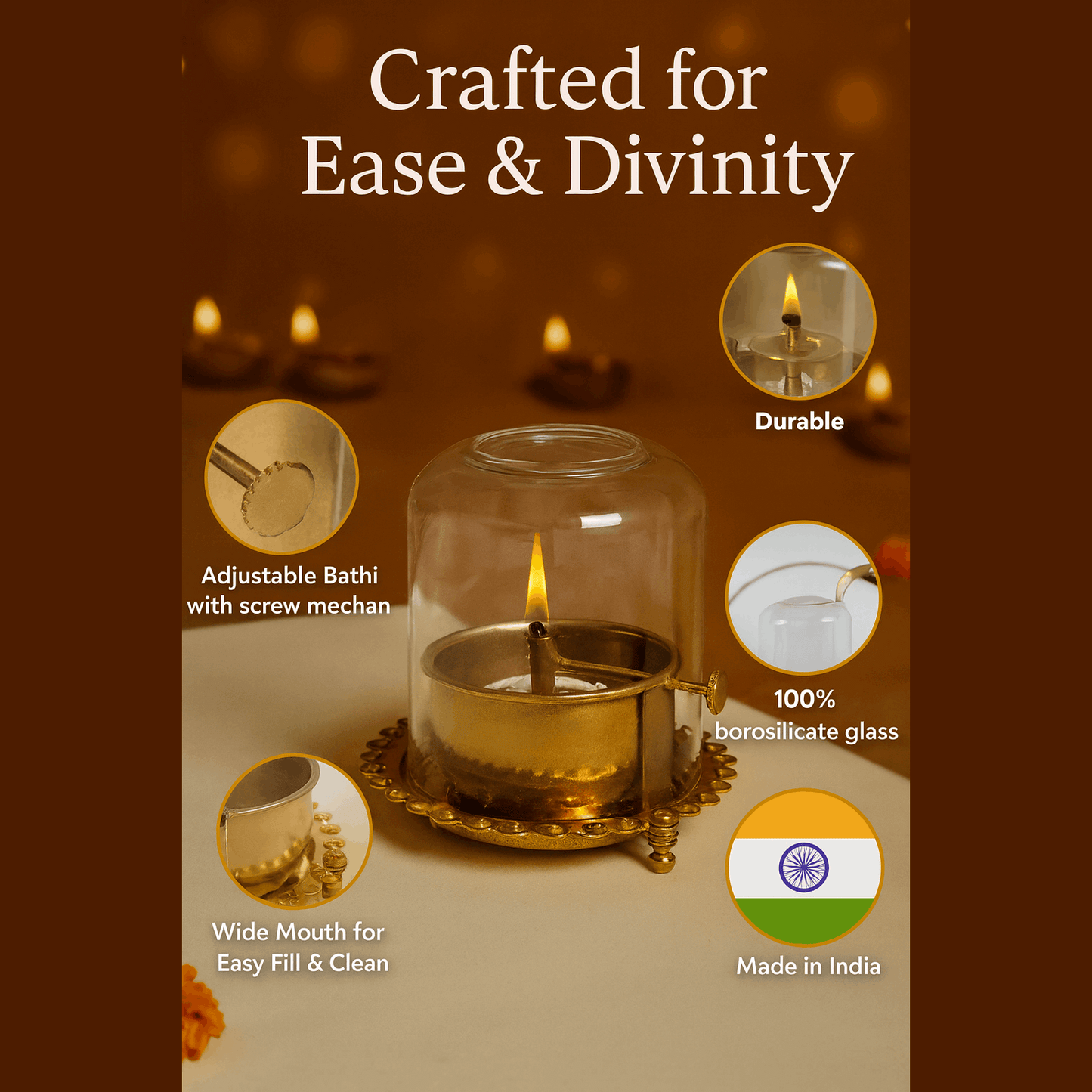 Akhand Jyoti (Diya) Brass with Adjustable Bathi (Wick) & Glass Cover - PREMIUM