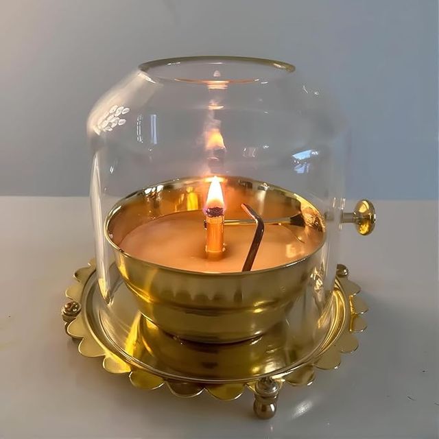Akhand Jyoti (Diya) Brass with Adjustable Bathi (Wick) & Glass Cover - PREMIUM