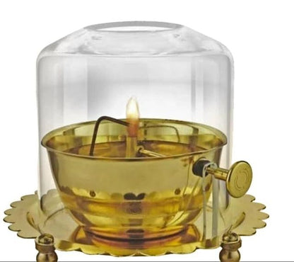 Akhand Jyoti (Diya) Brass with Adjustable Bathi (Wick) & Glass Cover - PREMIUM